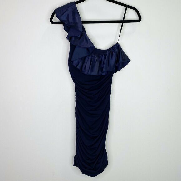 City Studio Ruched Blue Ruffle One Shoulder Dress Size Small S Womens - Picture 2 of 5